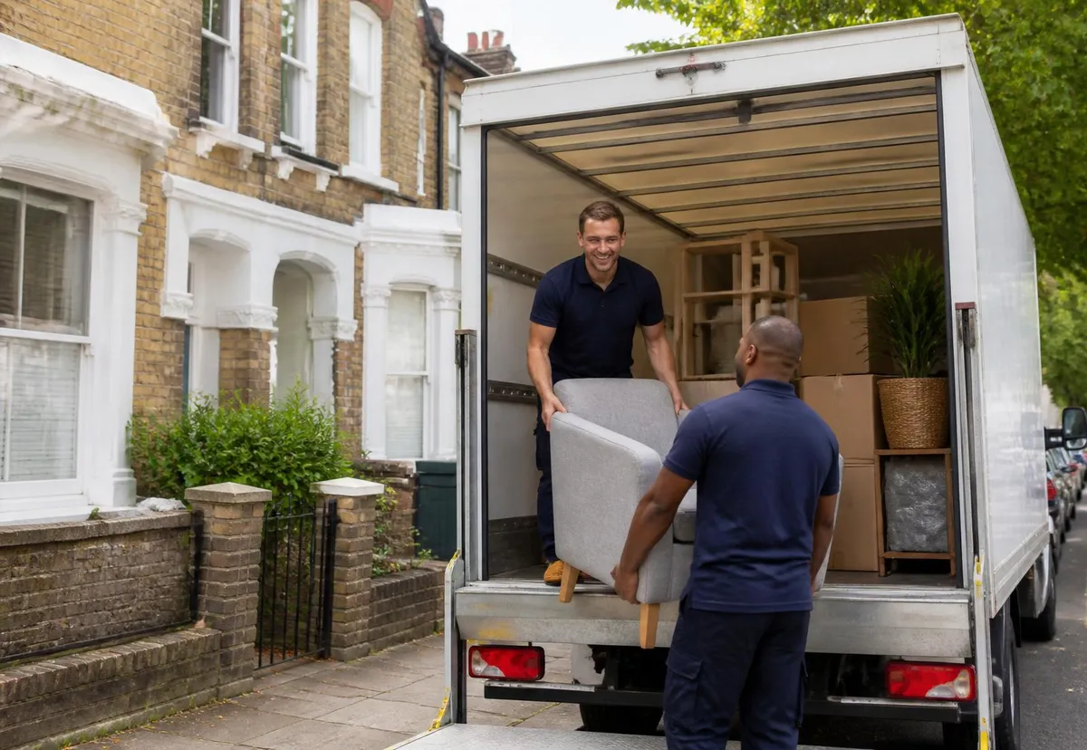 Prime Property Clearance team loading furniture into a Luton van outside a terraced house in London